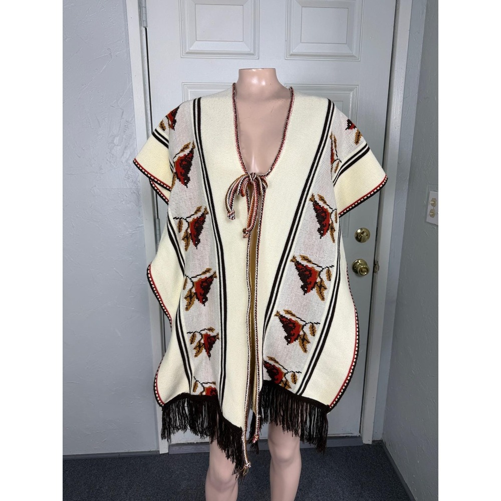 Vintage 70's Poncho Shawl Sweater One size Cardigan Unisex Fringe Bird Knit QQ21